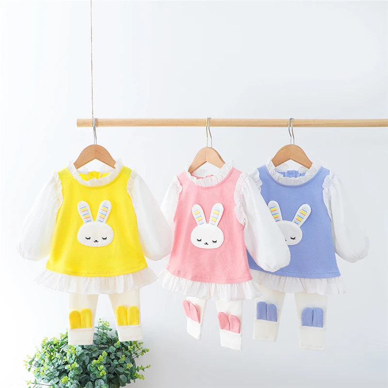 Girls Clothing Sets Spring Autumn Baby Rabbit Lace T Shirt Pants Children Kids Clothes Cartoon Toddler Infant Casual Outfit