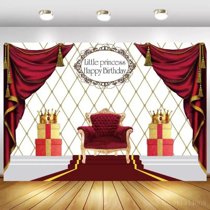 

Wine Red Curtain Queen Throne Women Birthday Backdrops Table Photo Decor Red Carpet Steps Girl Princess Background Photography