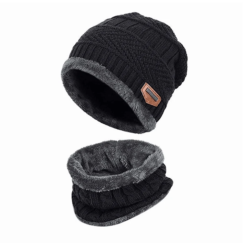 Conjunto de bufanda y gorro de punto para hombre, calentador de cuello, forro de lana de piel, gorros gruesos y cálidos, pasamontañas, gorro informal de invierno, 2 unids/set