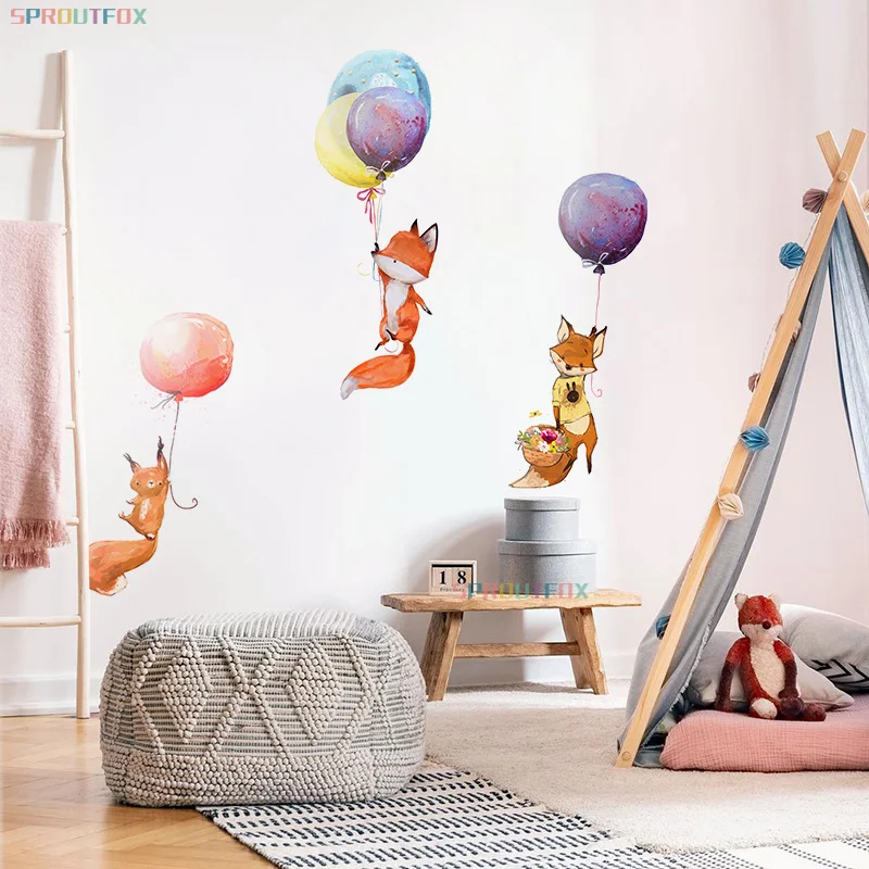 Clever Animal Fox Squirrel with Colorful Ballon Bedroom Wall Stickers for Wall Decoration Kid Rooms Door Stickers Waterproof