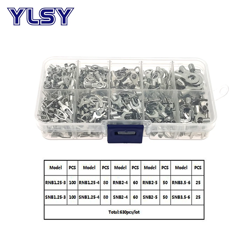 

630pcs Tubular and Spade Type Bare cord end crimp terminal Kit naked Electrical wire cable connector RNB/SNB1.25-3~3.5-6