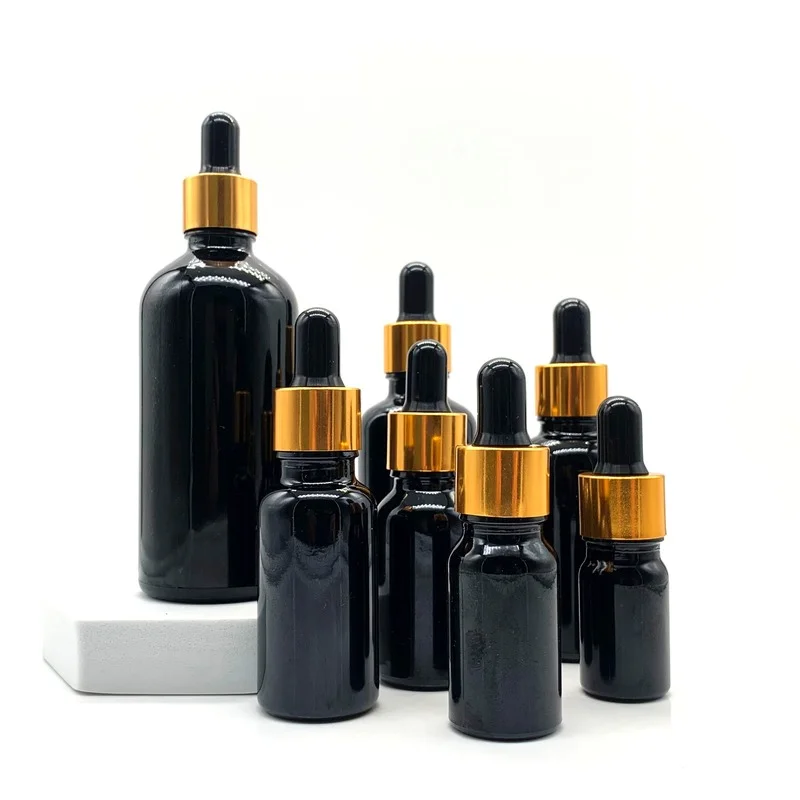 5-100ML Refillable Bottles Gold Lid Cosmetic Container Black Dropper Glass Aromatherapy Liquid for Essential Massage Oil Pipette