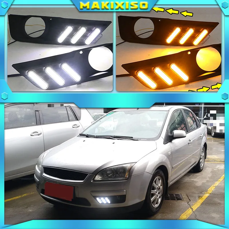 

1 комплект для Ford Focus 2005 2006, светодиодные DRL дневные ходовые огни, крышка противотуманной фары дневного света с желтым светом