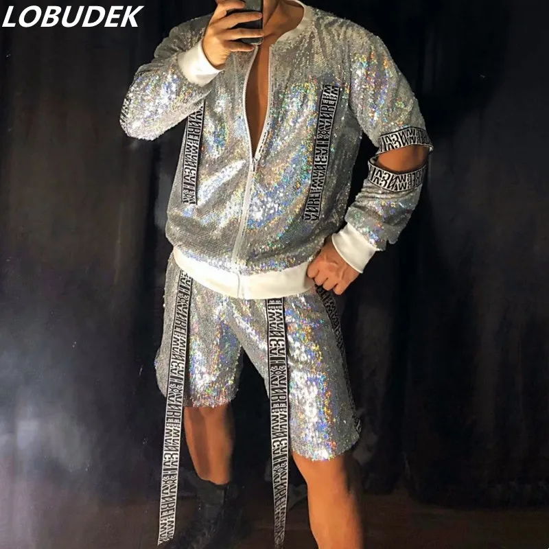 Men's Dancer Team Jazz Hip Hop Performance Outfits Silver Sequins Letter Jacket Pants 2 Piece Set Nightclub DJ Singer Stage Wear