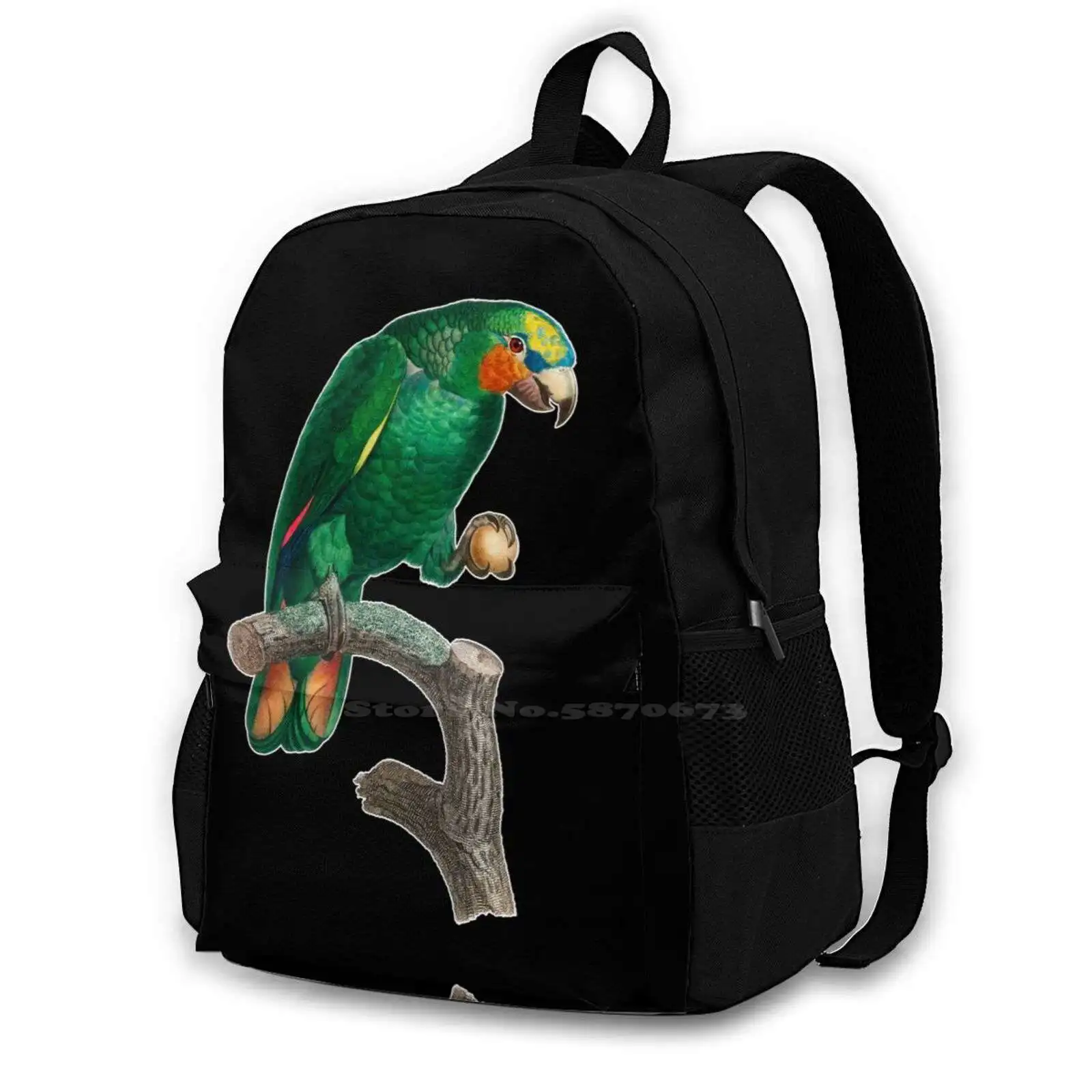 Green Parrot On A Perch Teen College Student Backpack Pattern Design Bags Perch Green Small Colorful Vintage Hand Drawn Painted