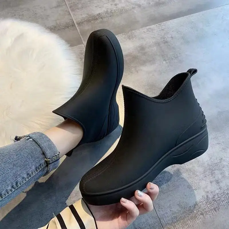 Japan Fashion Woman Ankle Rain Boots,House Wives Mark Shopping Platform Water Shoes,Rubber Galoshes,Non-slip,Slip On,Black,Beige