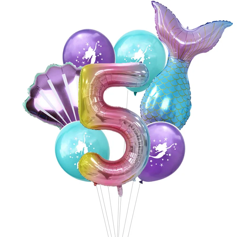 7 teile/los Regenbogen Anzahl Folien Ballons Meerjungfrau Latex Ballon Meerjungfrau Schwanz Globos Geburtstag Party Dekorationen Jahrestag Dekor – Detail 5
