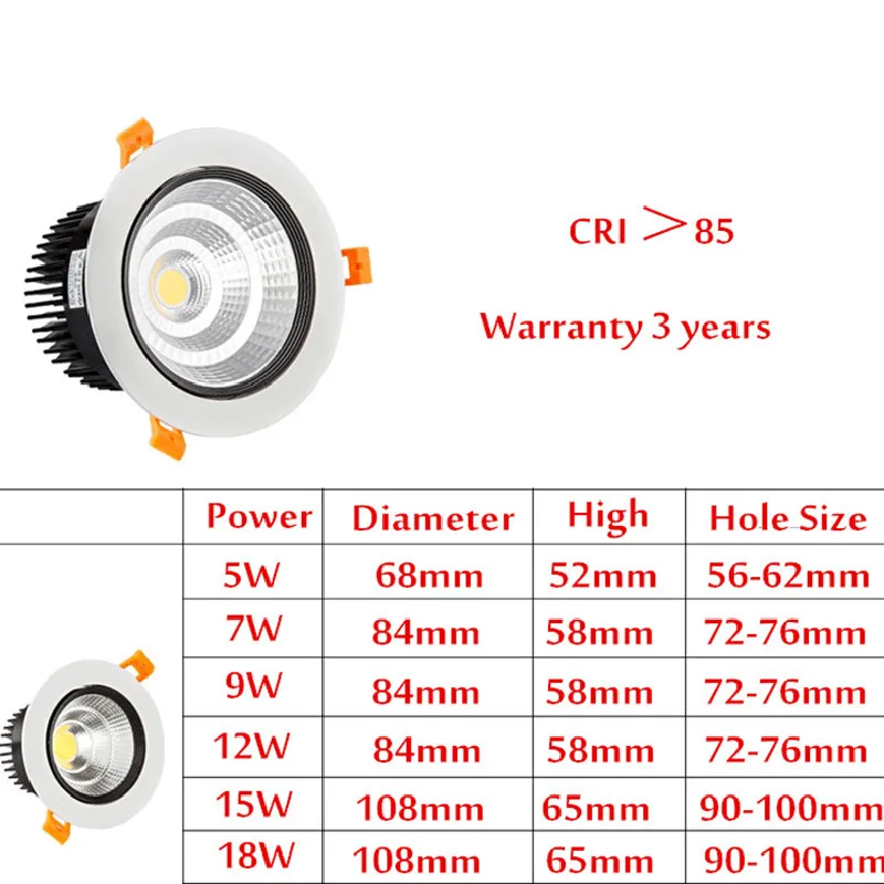 Unique Design White plus Black Dimmable Recessed COB LED Downlights 5W 7W 9W 12W 15W 18W Ceiling lamp Spot lights AC90-260V