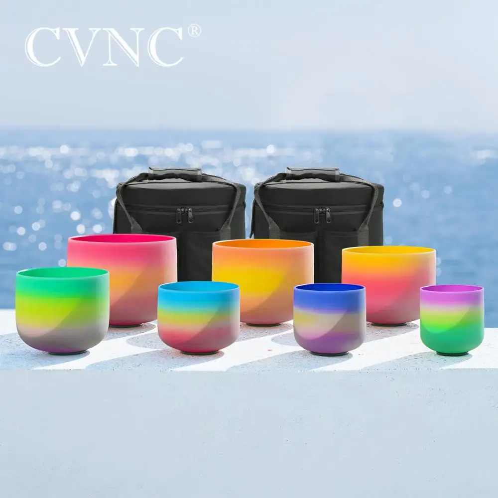 

CVNC 6-12" Rainbow Chakra Frosted Quartz Crystal Singing Bowl for Sound Healing and Meditation 440/432hz with free 2pcs Bags