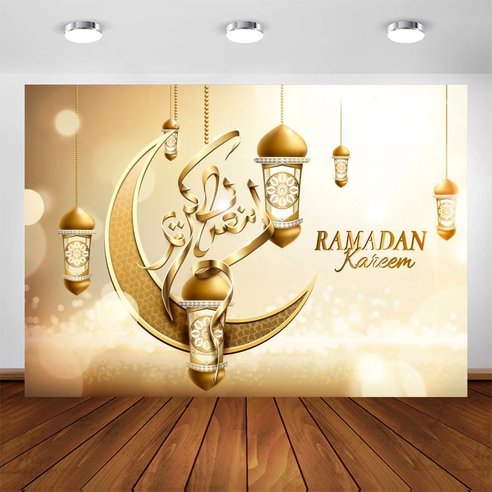 Ramadan Kareem Backdrop EID Mubarak Poster Islamic Mosque Lamps Star Moon Golden Photography Background Decoration Photo Studio