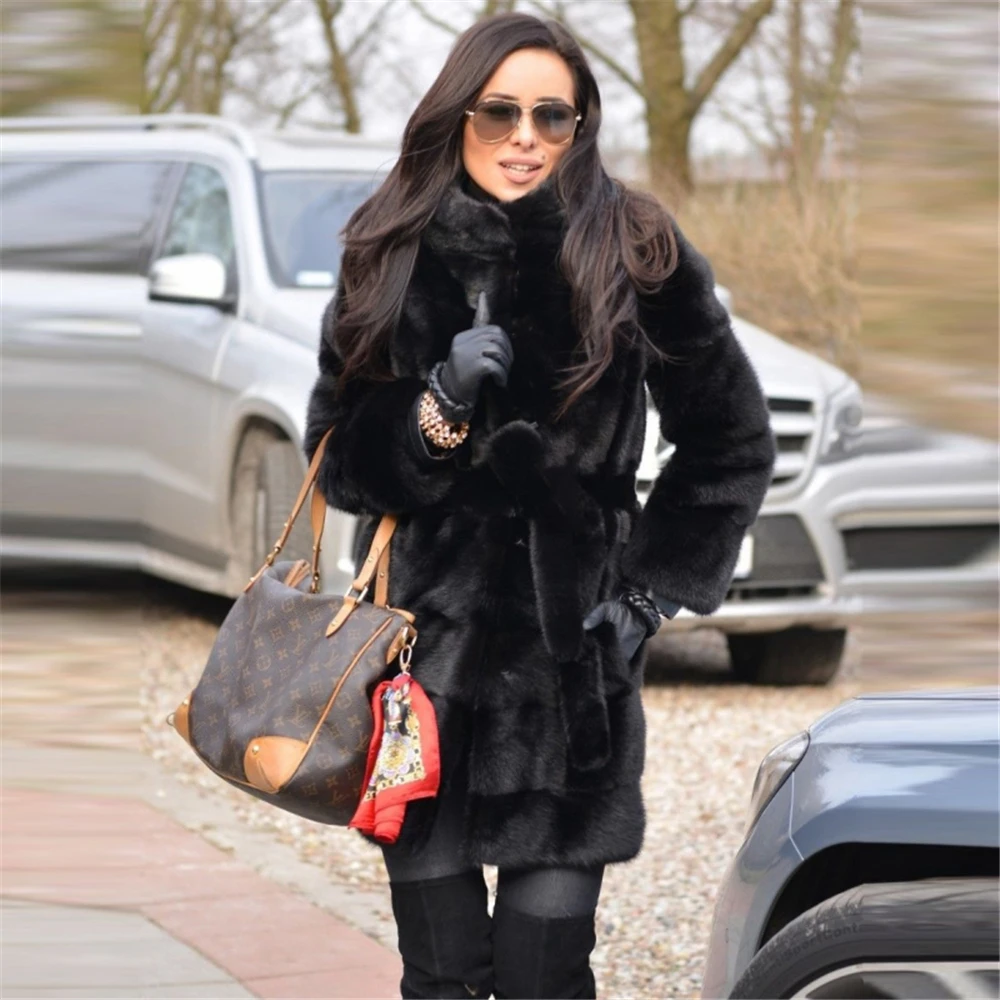 

TOPFUR Top Fashion Natural Mink Fur Coat With Belt Slim Black Coat Winter Real Fur Coat Women Fur O-Neck Medium Long Wrap Coats