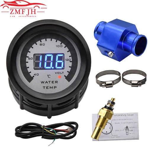 52mm 2 en 1 voltaje Digital de carreras de coches + medidor de temperatura del agua 40-140 Celsius medidor de temperatura 1/8 NPT Sensor adaptador de manguera de tubo de junta