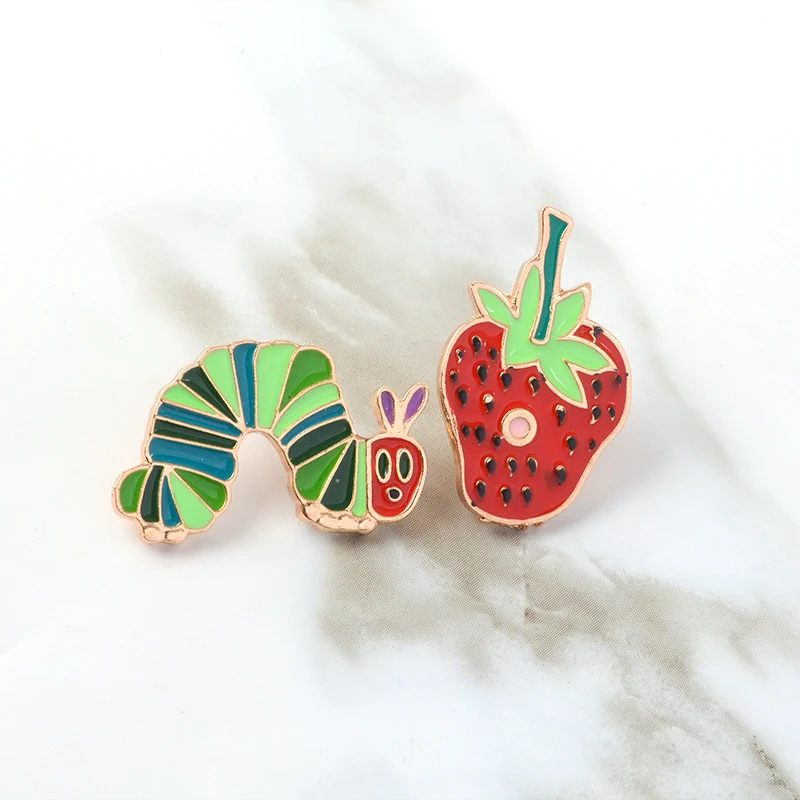 Caterpillars and Strawberry Cartoon Pins Fruit Brooches Enamel Pins Lapel Pin Couple Funny Cute Jewelry Gifts for Kids Wholesale
