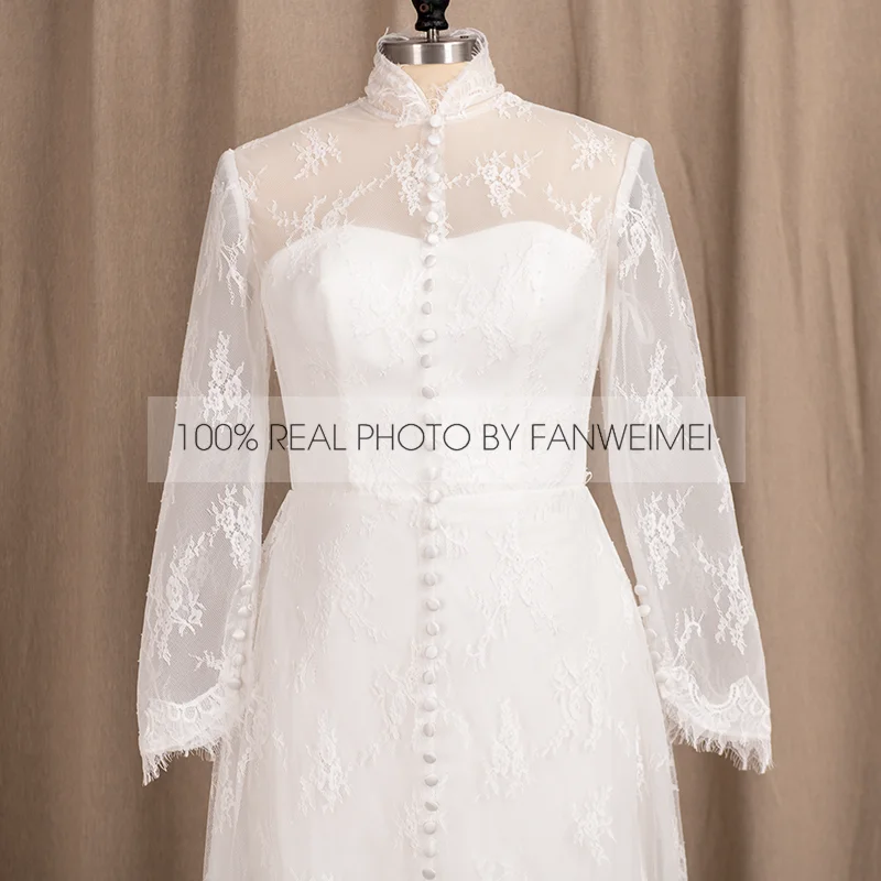 Vestido de novia blanco para mujer, longitud hasta el suelo, encaje bohemio, cuello levantado, fotos reales, #9231, 100%