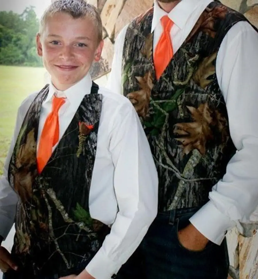 2023 New Camo Boy's Formal Wear Camouflage Vests Cheap Sale ( Vest + Orange Tie ) For Wedding Party Kids Boy Formal Wear Custom