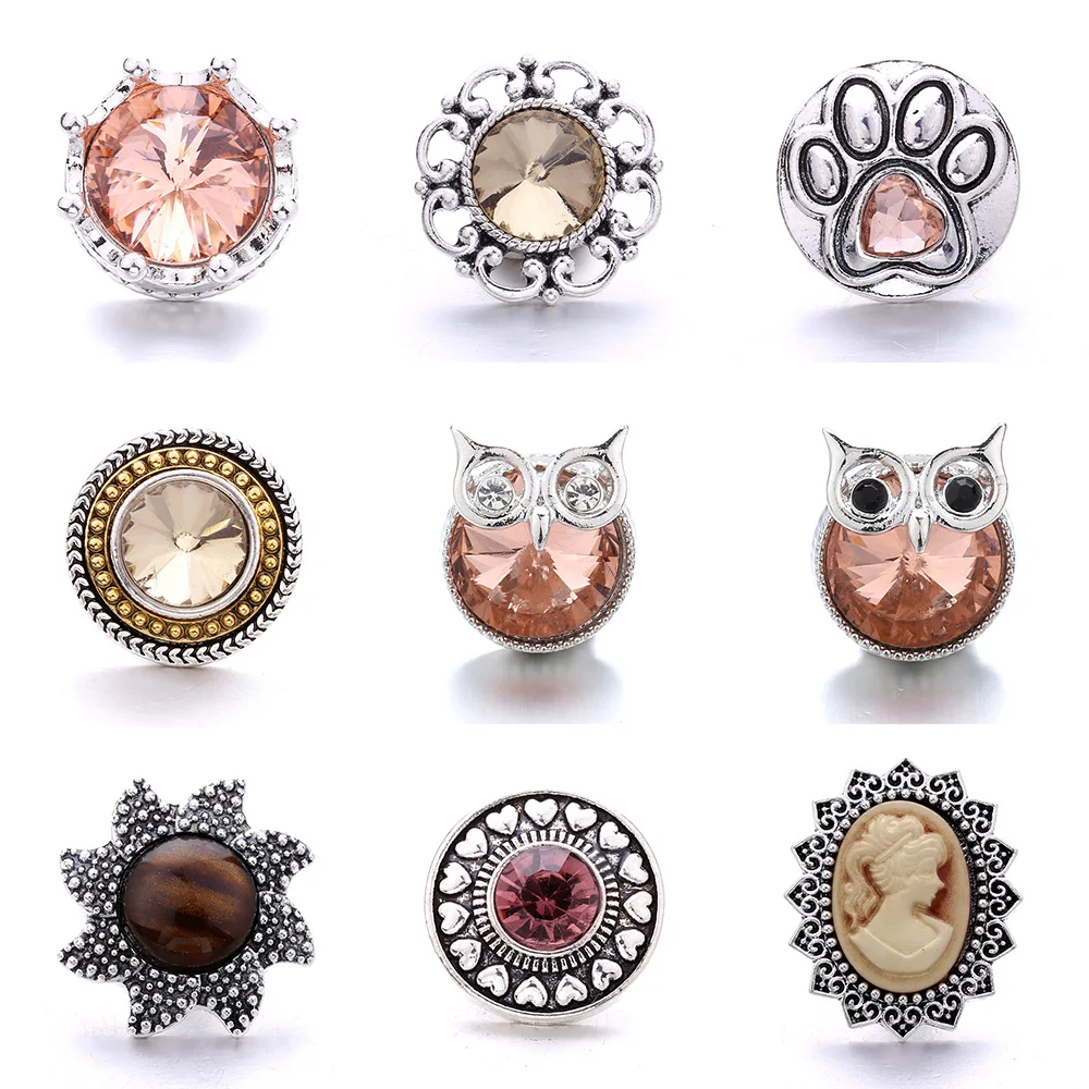 Fashion 5Pcs High Quality Snap Button Jewelry 40 Style Brown Crystal Snap Button Women\'s 18mm Snap Bracelet Necklace Accessories