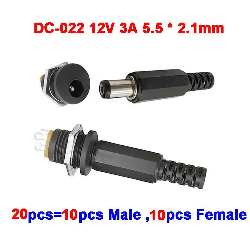 10Pairs 12V 3A 5.5 x 2.1mm Plastic Male Plugs DC022 DC Power Socket Female Jack Screw Nut Panel Mount Connector