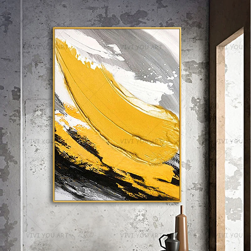Handmade Black Yellow Bold Stroke Canvas Art, Hand Painted Abstract Texture Oil Painting, Mid Century Modern Entryway Decor