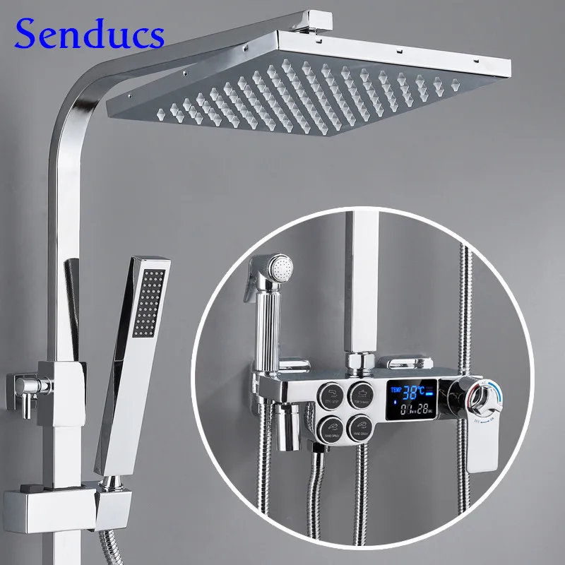 

Chrome Thermostatic Shower Set Four Function Bathroom Shower Faucet Brass Mixer Tap Intelligent Digital Bath Shower System