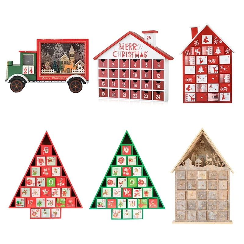 Christmas Wooden Advent Calendar House with Storage Drawers LED Lighted Countdown Number Ornament Holiday Home Desktop Gift