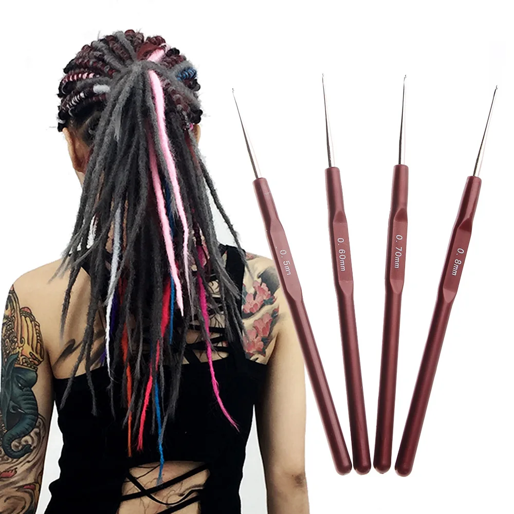 Crochet à la mode pour tressage exécutif, accessoires pour cheveux, outils pour dreadlock, poignée lisse, 0.5mm, 0.6mm, 0.7mm, 0.8mm, 4 pièces par