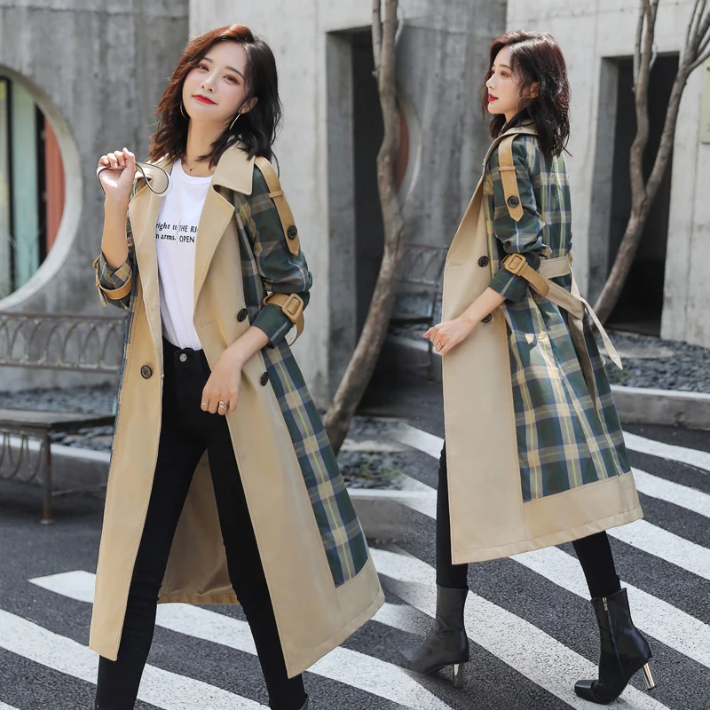 

2024 New Spring/Autumn Windbreaker Korean Version Loose Large Size Jacket Coat Ladies Fashion Lattice Joint Long Parkas Tide