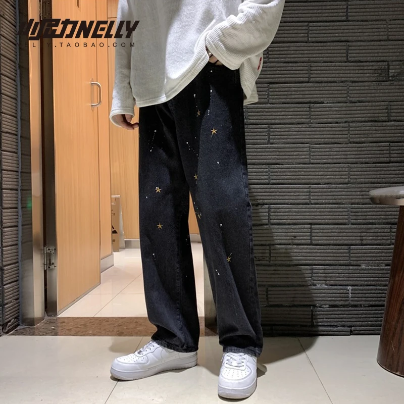 

Guochao Street hip hop splash ink accumulation straight pants five pointed star embroidery jeans loose men's and women's alike