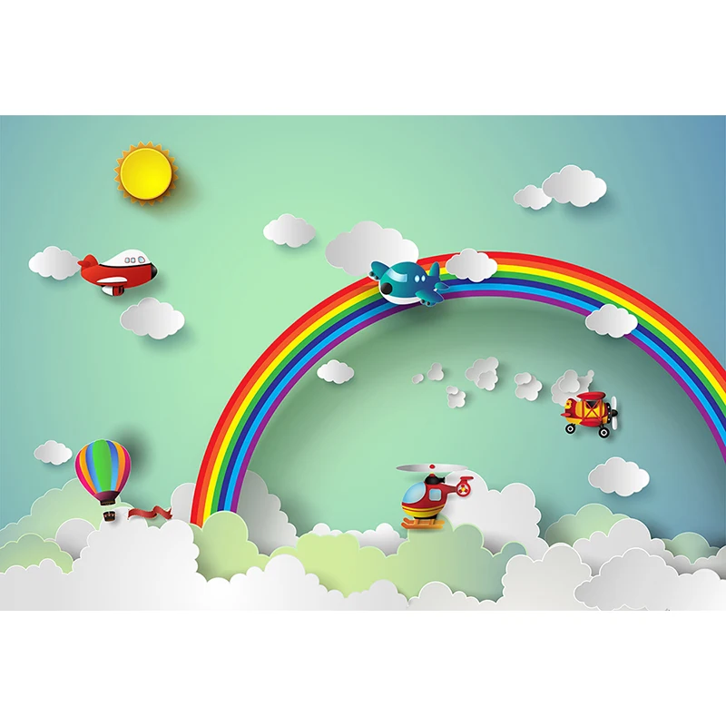 Mehofoto Vinyl Cartoon Rainbow Bird Cloud Sun Backdrop for Photography Background White Cloud for Newborn Children Booth Studio