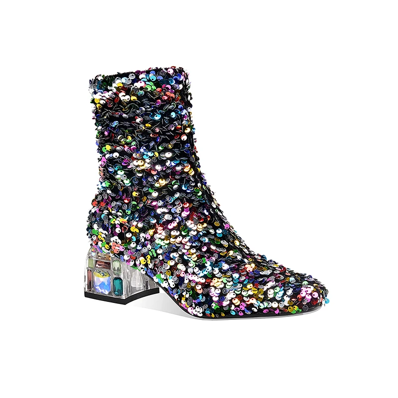 

MKKHOU fashion Short boot Girl 2020 Autumn/Winter new color sequins crystal clear heel 4.5cm middle heel boot size 33-45