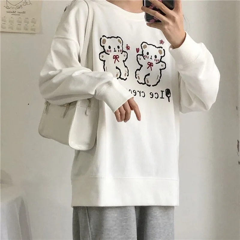 Hoodies Women Lovely Cartoon Simple Soft Loose O-neck Schoolgirls Kawaii Clothes Daily Casual All-match Popular Femme Sweatshirt