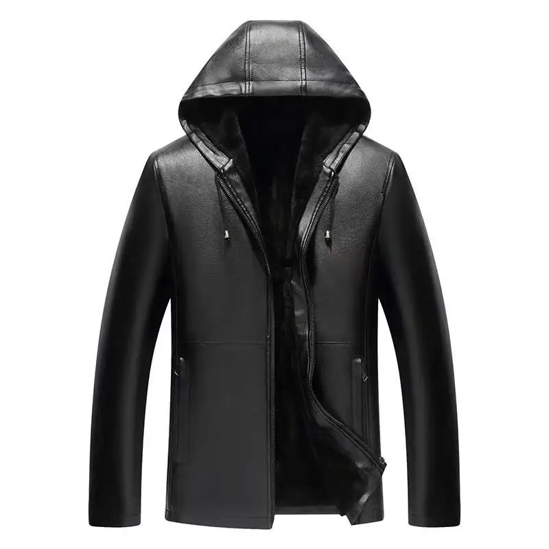 FOCUSFIT Men's Winter Hooded Leather Jacket Men's PU Material Casual Leather Jacket Plus Velvet Men's Leather Jacket