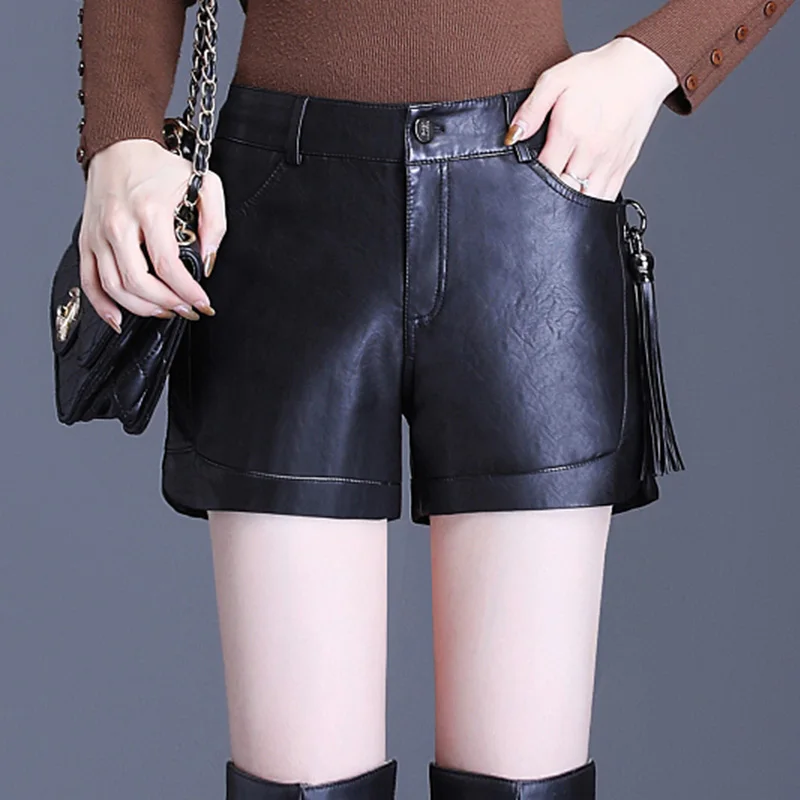 Women Autumn Pu Leather Shorts High Waist Ladies Casual Shorts Artificial Leather A-line Bottoms Wide-Legged Shorts black Winter