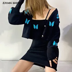 Retro Embroidery Butterfly Cardigan Korea style Long sleeve Knitted Sweater Slash Collar Package hips Midi Long Dress 1 Set