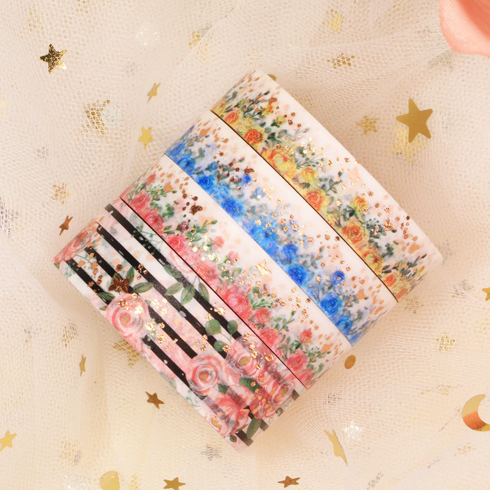 สีน้ำ Rose Gold Washi เทปฟอยล์ดอกไม้ตกแต่งกาวเทป Decora Diy Scrapbooking สติกเกอร์ป้าย