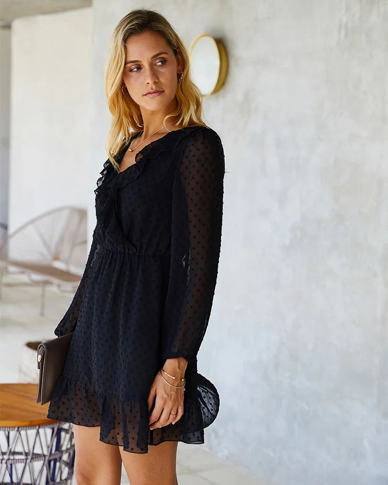 

Summer Women Embroidery Clip Dot Summer Ruffle Dress Casual Loose Thin Beach Party Dress Black V Neck Mini Dress Female Vestidos