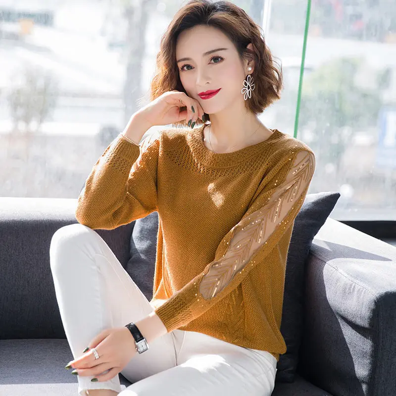 Hollow Sweater Women\'s Loose Spring and Autumn New Short Long-sleeved Shirt Thin Lace Knit Bottoming Shirt Top