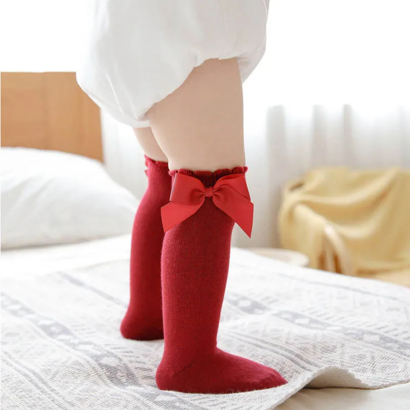 2021 Spring and Autumn Girls Socks New Baby Girl Solid Color Wild Big Bow Knee High Long Soft Children Socks Pink Black Gray