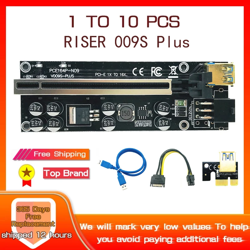 

1-10 шт. PCIE Riser 009S Plus PCI Express X1 к X16 расширитель USB 3,0 кабель SATA к 6Pin питание для видеокарты Майнер биткоинов