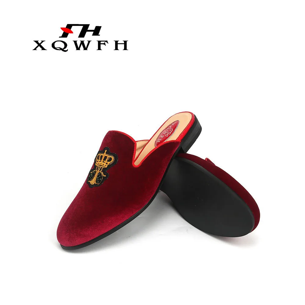 Red Large Size Embroidery Crown Men Velvet Slippers Designs Fashion Show Men\'s Casual Shoes Slides European Elegant Sandals