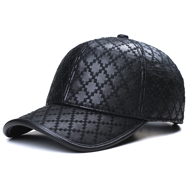 Exclusive Unisex Genuine Leather Rhombus Check Embroidered Baseball Cap Women Retro Casual Peaked Hat Men Fishing Trucker Gorras