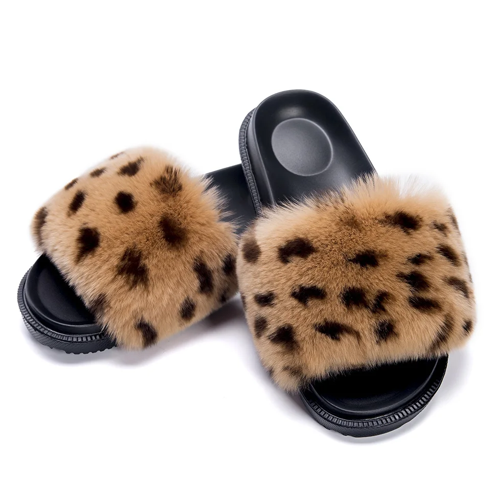 MPPM Real Rabbit Fur Slides Slippers Comfort Fuzzy Sandals Shoes for Women Outdoors Fluffy Flip Flops Home Furry Ladies Sandals