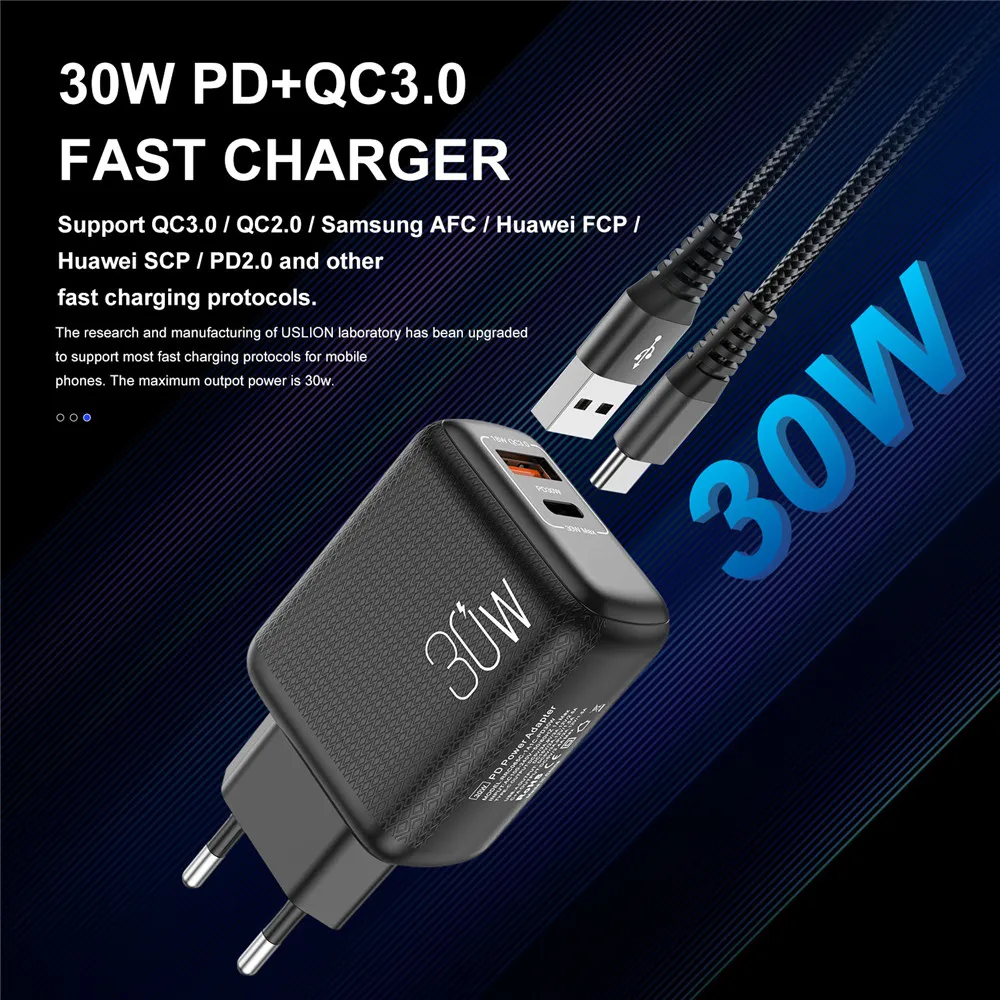 USLION PD 30W USB C Quick Charge PD QC 3.0 Type C Fast Charging For iPhone 14 Pro Samsung Xiaomi redmi Wall Mobile Phone Charger