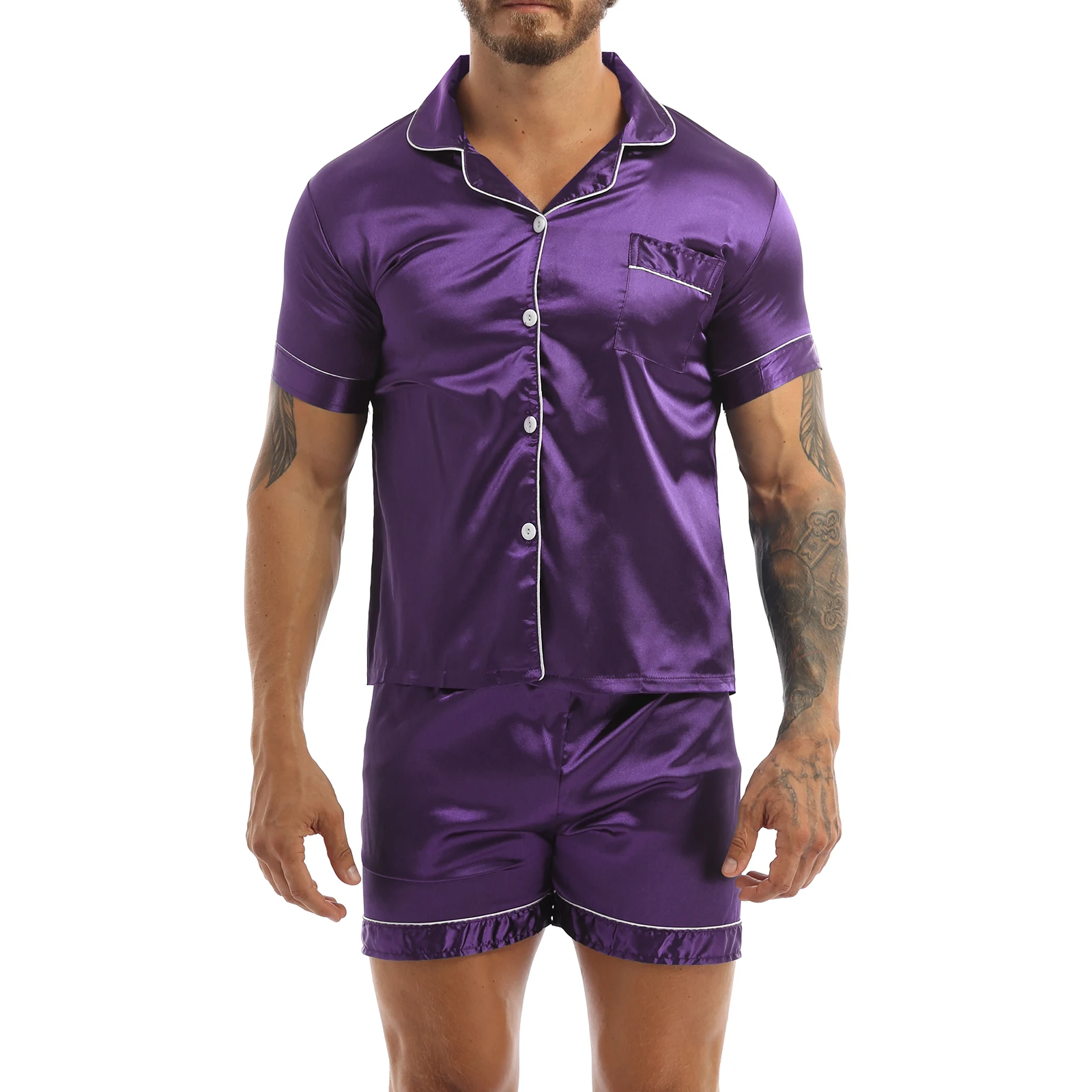 Fashion Mens Silky Satin Pajamas Set Solid Color Short Sleeves Button T-Shirt Tops with Elastic Waistband Boxer Shorts Sleepwear