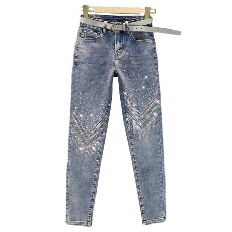 Damskie jeansy skinny z kryształkami, wysoka talia, spodnie 9 punktów, kombinezony dżinsowe, elastyczne, przemysł ciężki, wiosna, jesień,