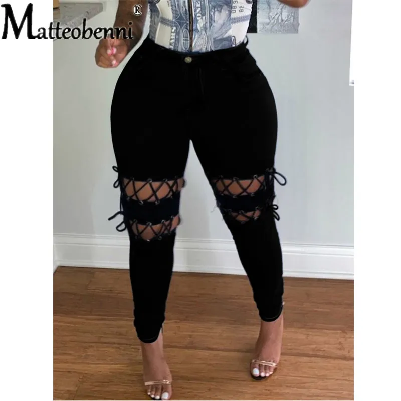 New Fashion Women Solid Lace-up Hollow Out Jeans 2024 Winter Lady's Streetwear High Waist Skinny Denim Pencil Pants