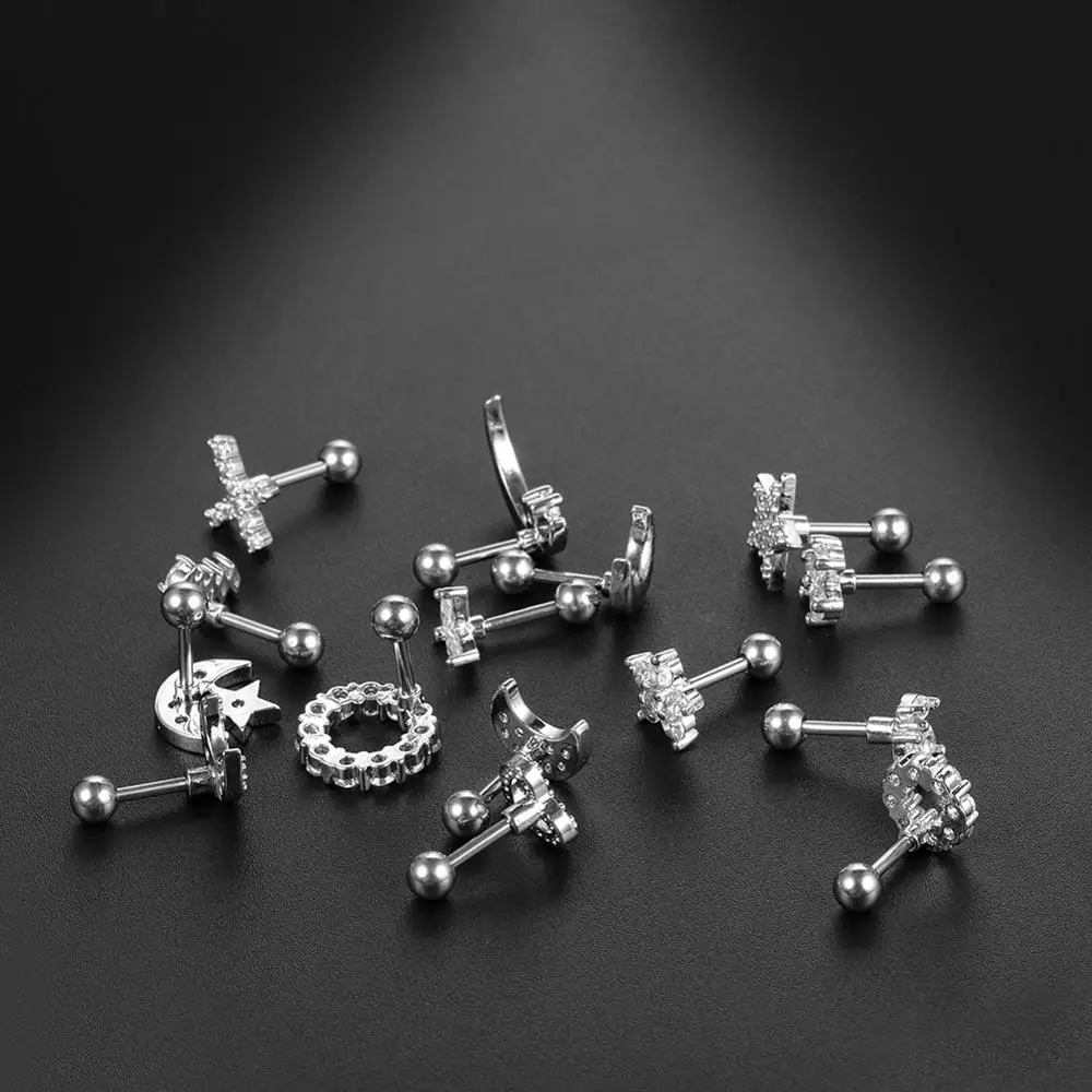 1PC Cross Star Moon Flower CZ Tragus Cartilage Piercings Ear Stud Helix Piercings Crystal Daith Rook Earrings Women Jewelry 16G
