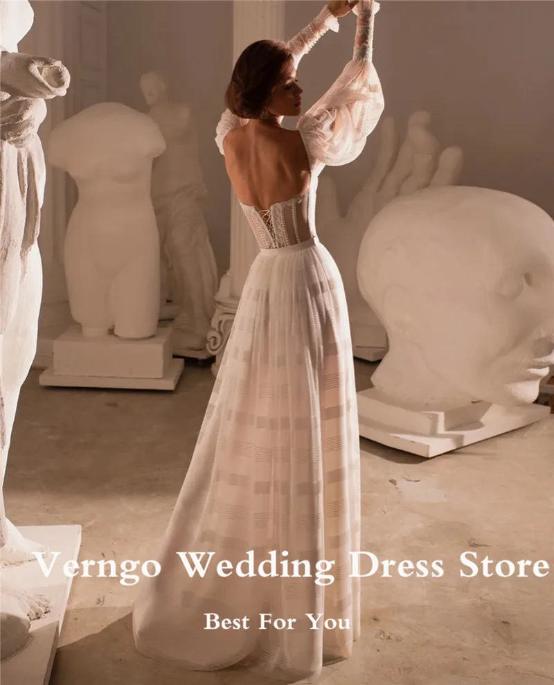 Verngo-Fada Puff mangas compridas vestidos de casamento, laço querido, linha A, vestidos de noiva vintage, com renda, elegante