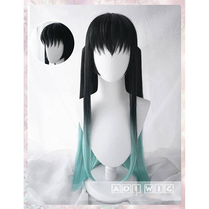 

Demon Slayer Kimetsu No Yaiba Tokitou Muichirou Cosplay Wig Black Blue Ponytails Synthetic Hair Halloween+ Free Wig Cap