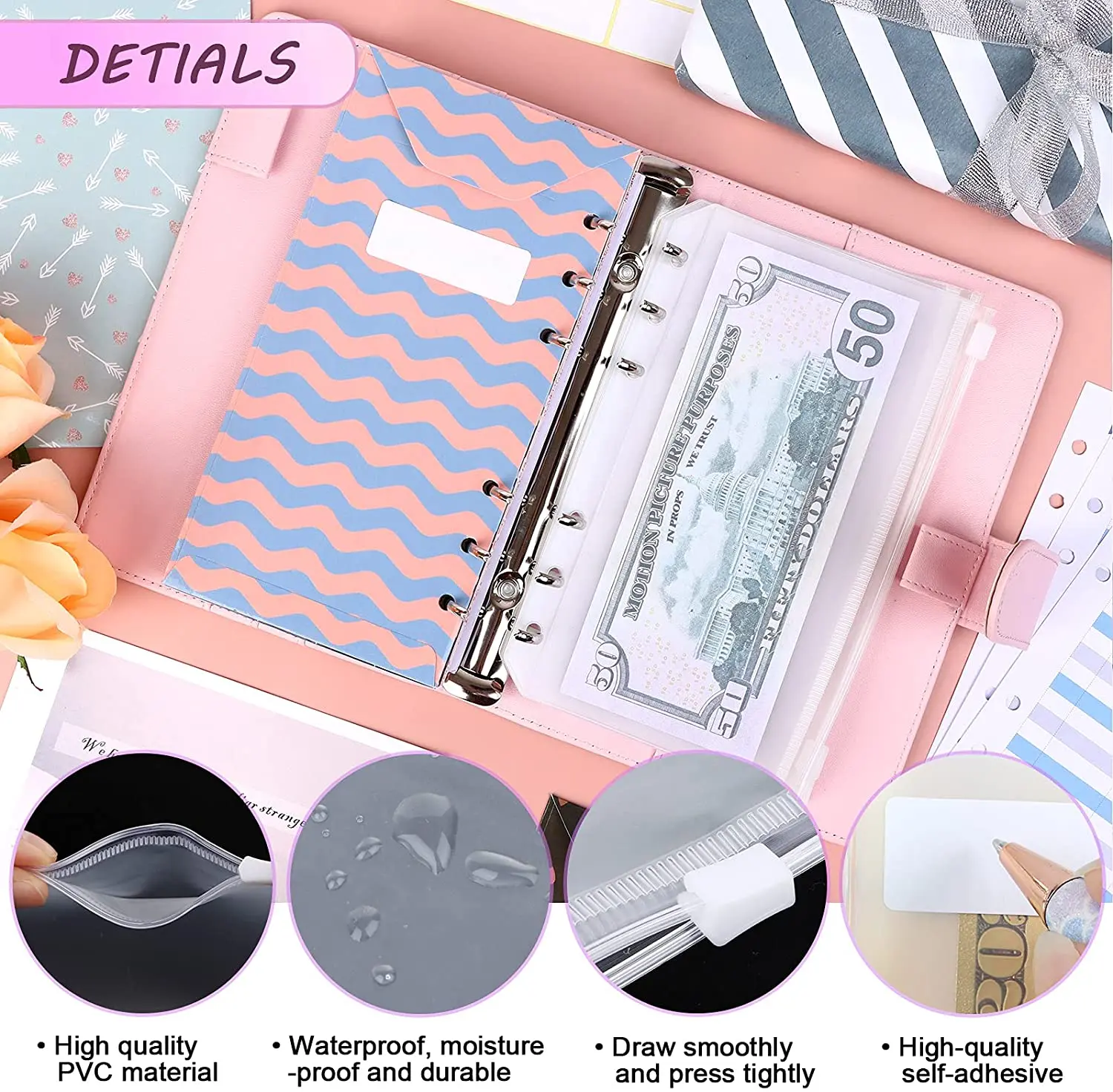 31 Pieces PU Leather Budget Binder Cash Envelope System with 12PCS Budget Money Envelopes and Expense Sheets, 4 Binder Pockets