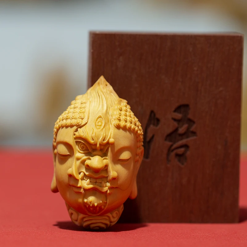 XS390- 5.8 CM Devil Satan Buddha Deity Head Boxwood Sculpture Wood Carving Feng Shui Statue Lucky Pendant Buddha Home Decor